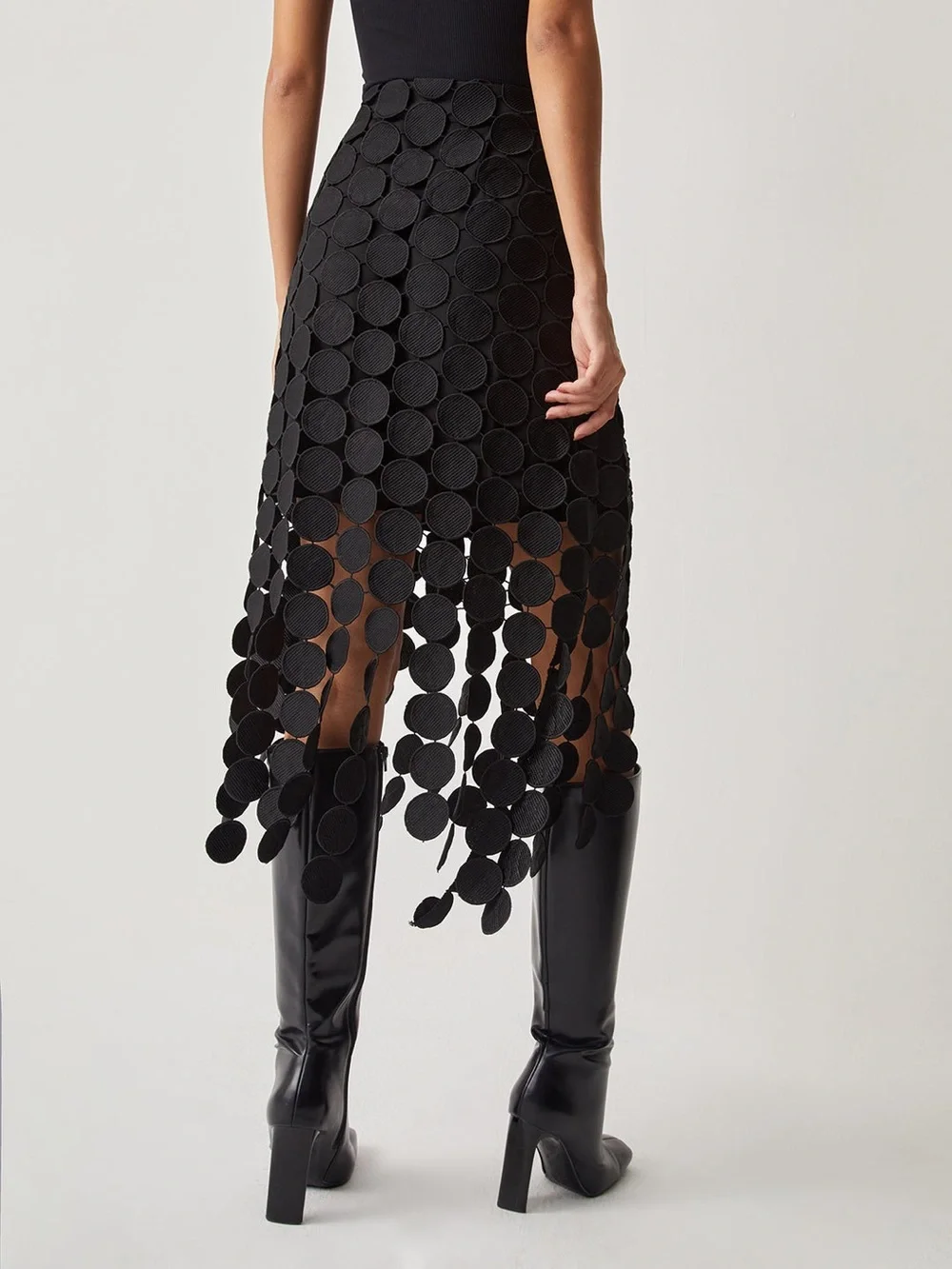 Commense Laser Cut Circle Embellished Double Layer Midi Skirt Party Festival - Picture 3 of 8
